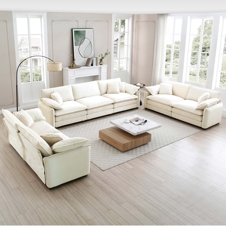 Modern Living Room Sofa 3 Pieces Set Two 2-Seater Sofas and One 3-Seater Sofas Upholstery Large Deep Seat Sofa with sofat Cushion and Pillowss Beige Corduroy