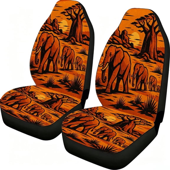 Odenmar Savanna Elephant Sunset Print Car Seat Covers 2 Piece, Mesh Fabric Front Seat Protectors Universal Fit for Cars Suvs Trucks Vans