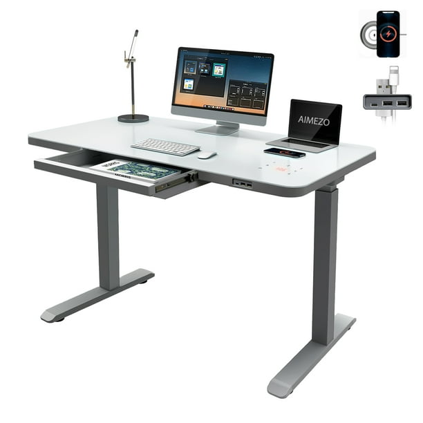 AIMEZO Ergonomic Height Adjustable Glass Standing Desks with Drawer