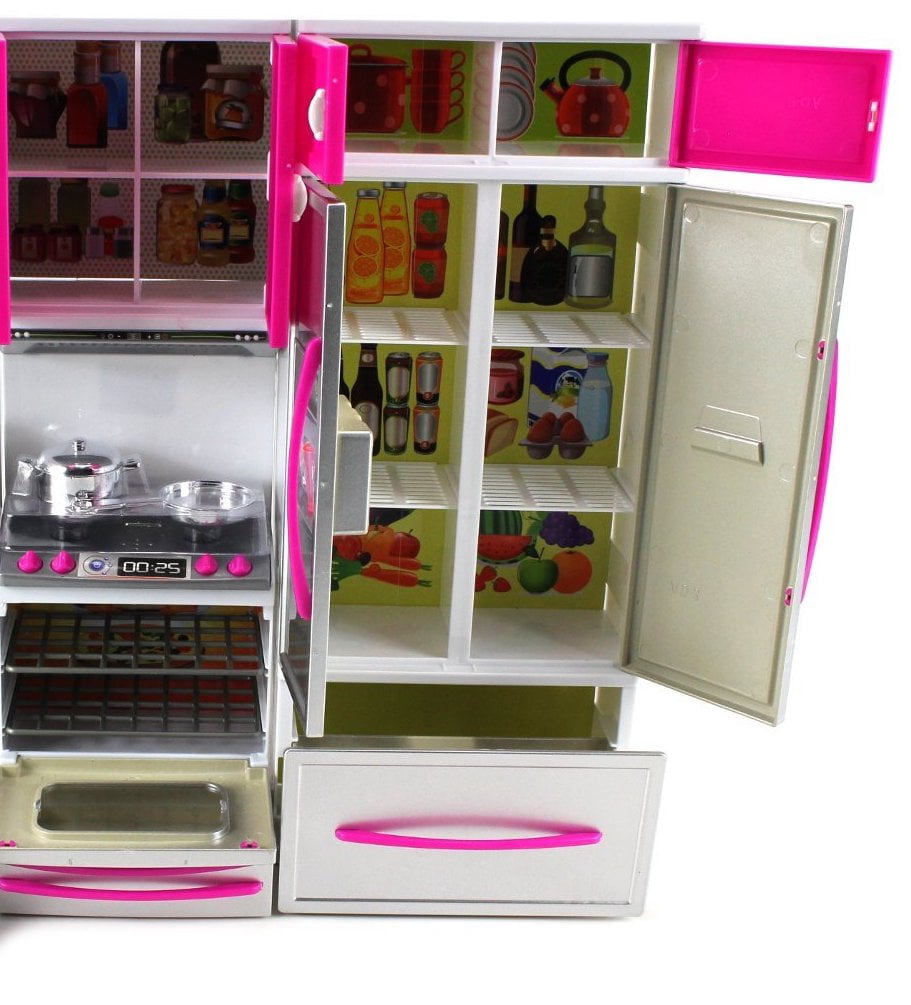 PlayWorld Kitchen Connection My Modern Kitchen Full Deluxe Kit Battery Operated Kitchen Playset: Refrigerator, Stove, Microwave - Pink & Silver