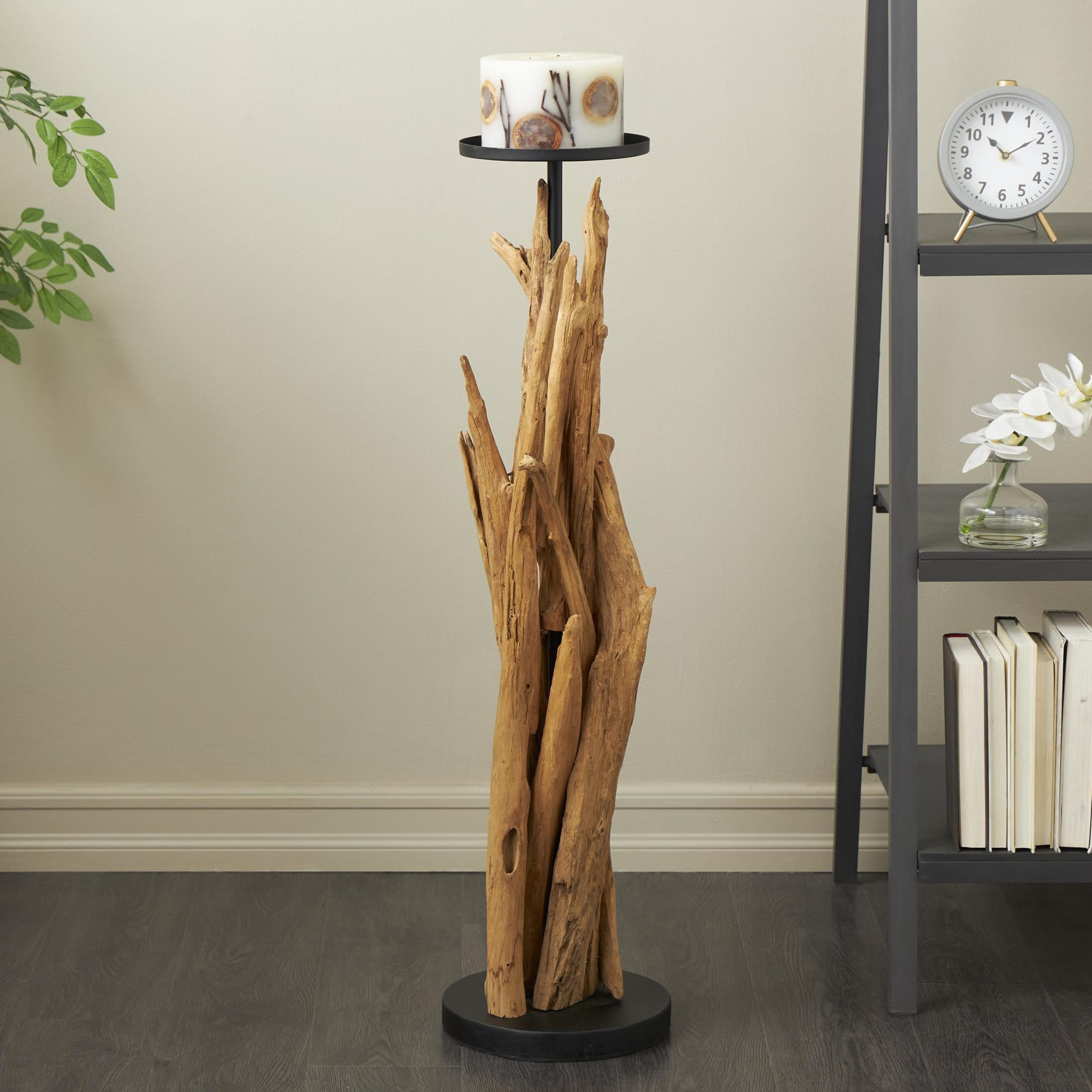 DecMode Brown Teak Wood Handmade Tall Tree Branch Floor Candle Holder with Black Metal Accents