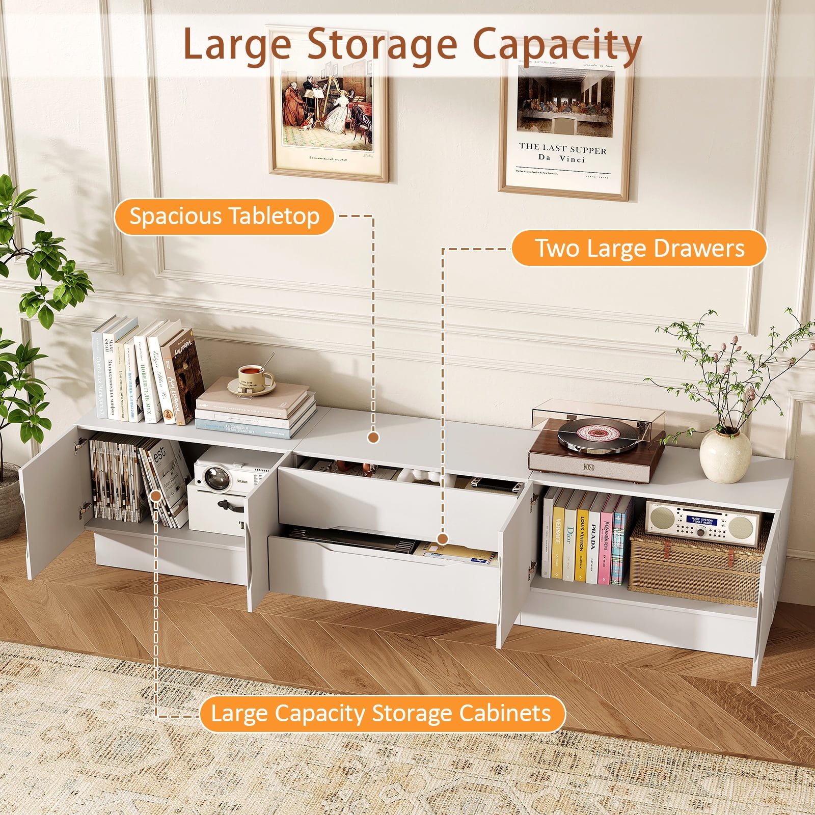 94.5" Wide Modern TV Stands with Storage, Wooden Media Console for Living Room, Bedroom, White