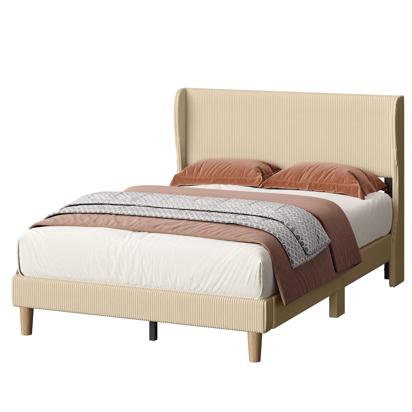 Bestier Full  Size Bed Frame with Wingback Headboard, Corduroy Upholstered Platform Bed with Wood Slats, No Box Spring Needed, Taupe