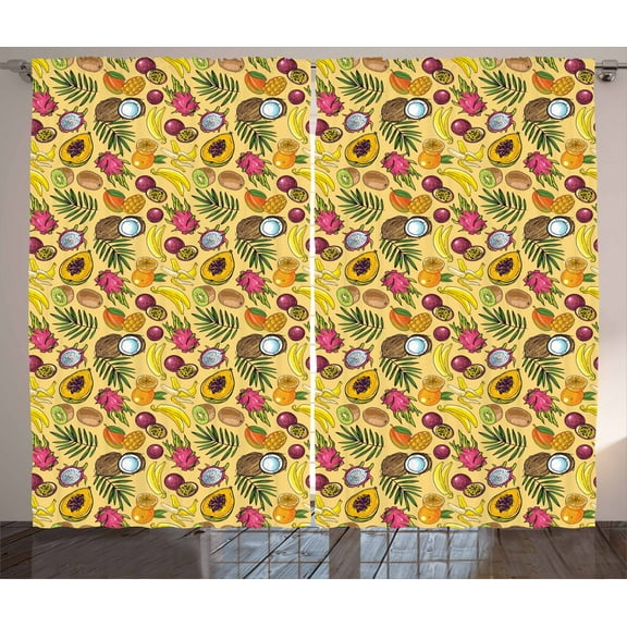Ambesonne Fruit Curtains 2 Panel Set, Tropical Summer Food, 108" x 63", Multicolor