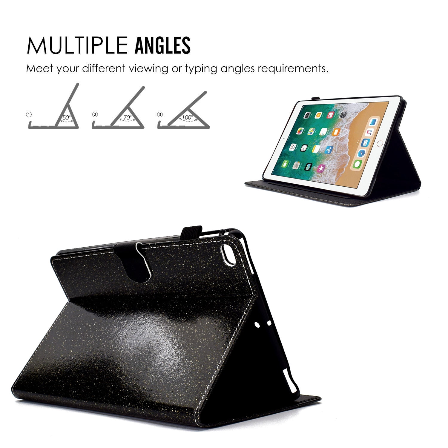 iPad 9.7 2018/2017 Case with Pencil Holder, iPad Air 1 2 Case, Allytech Glitter Leather Folio Kickstand Shock-Absorbing Auto Sleep Wake Case for Apple iPad 9.7 6th/5th Generation, iPad Air 1 2, Black