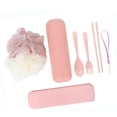 thumbnail image 2 of Juego de tubo de pasta de dientes, bola de baño, cuchara, tenedor y palillos para aventuras de campamento: organizador de cubiertos de viaje compacto de color rosa, 2 of 8