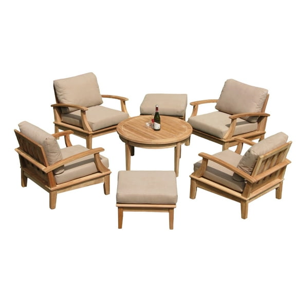 Somer 7 Pc Lounge Chair Set: 4 Lounge Chairs, 2 Ottomans & 36" Round Coffee Table With Cushions in Sunbrela Fabric #5422 Canvas Antique Beige