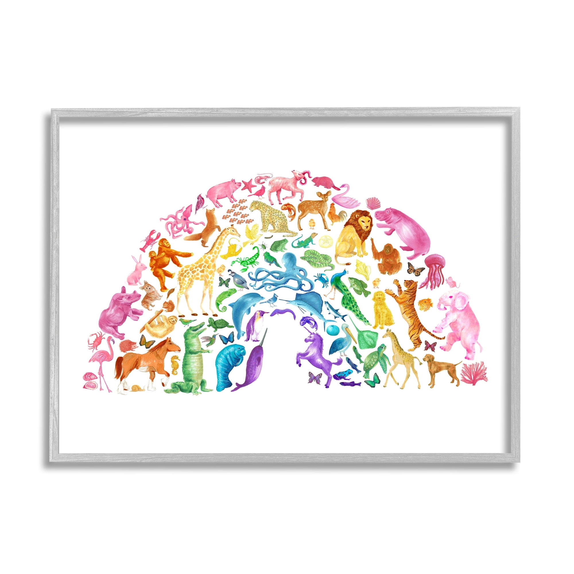 Stupell Industries Mixed Rainbow Animals Wildlife Arched Rainbow Shape Graphic Art Gray Framed Art Print Wall Art, Design by Dishique