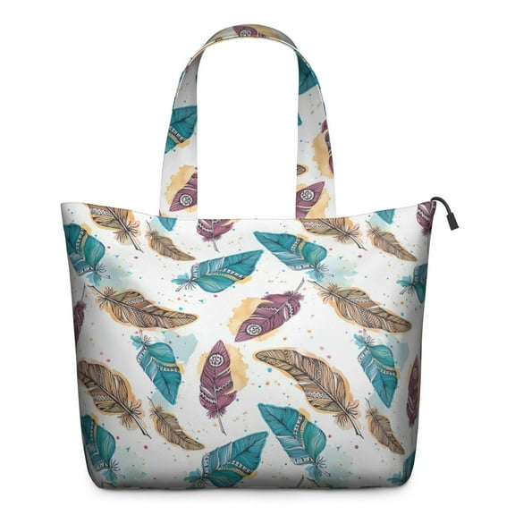 White Boho Tribal Feathers Pattern Travel Tote Bags for Women Carry On,Large Weekender Bags for Women Travel,Multi Functional Duffle Bag for Work,Shopping,Sports