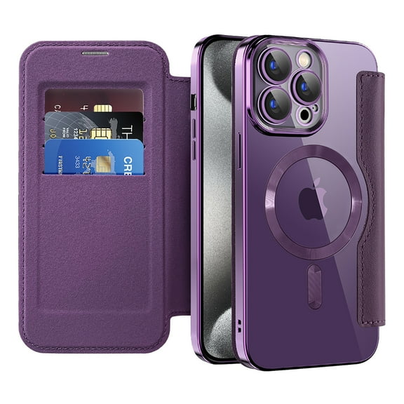 Cutyskin for iPhone 13 Pro Flip Wallet Case, Built-in Camera Lens Protector [Compatible with MagSafe] Plating Transparent Business PU Leather RFID Blocking Credit Card Slots Phone Case,Purple