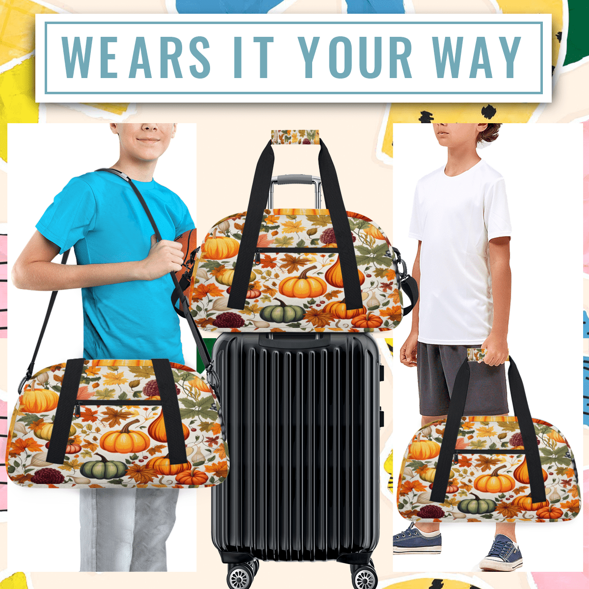 Herdesigns Fall Sports Duffle Bag for Women & Men, Thanksgiving Autumn Pumpkin Leaf Gym Bag Dance Bag Overnight Bag Carry On Weekender Travel Bag