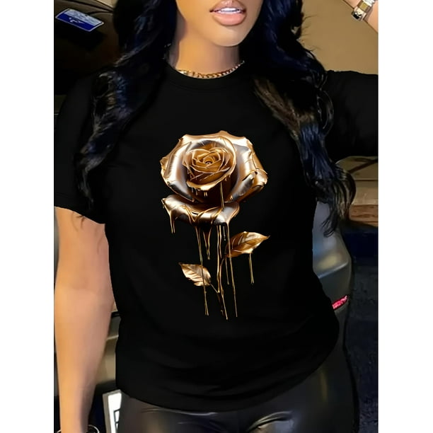 Golden Rose, Valentine'S Day, Flower Printed T-shirt, Short Sleeve Round Neck Casual Top, Summer andCamisetas de verano para mujer, manga corta, cuello redondo, casual, lindo, con gráficos, camisetas