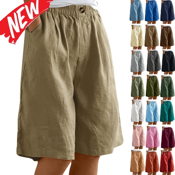 Tqyyweavej Linen Bermuda Shorts for Women Elastic Rised Loose Wide Leg 5 Inch Shorts Pull On Solid Color Shorts with Pockets Size S to 3XL