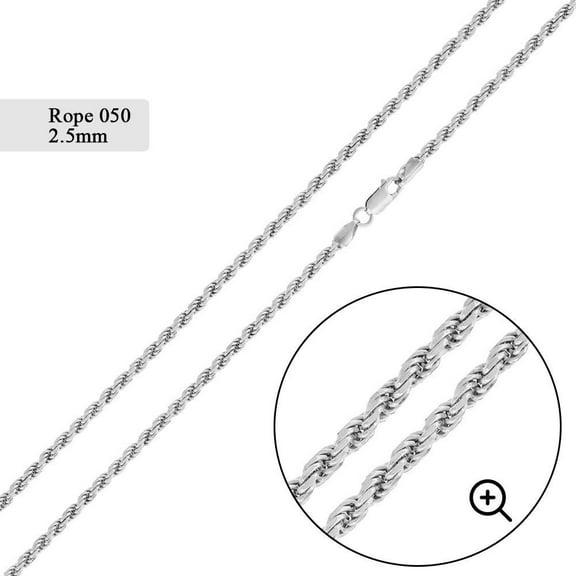 Sterling Silver 925 High Polished DC Rope 050 Chain 2.5mm Made in Italy 22" Jewelry Female Unisex