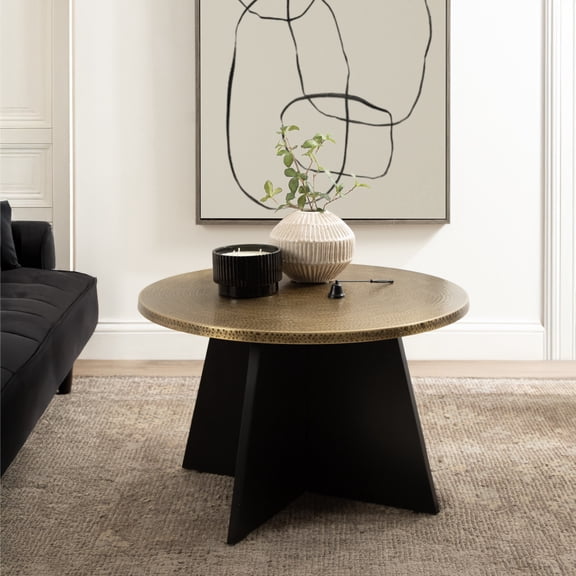 Kate and Laurel Batista Modern Round Hammered Metal Coffee Table, 28 x 28 x 18, Antique Brass and Black, Transitional Circle Living Room Table with Angled Mango Wood Base and Two-Tone Design