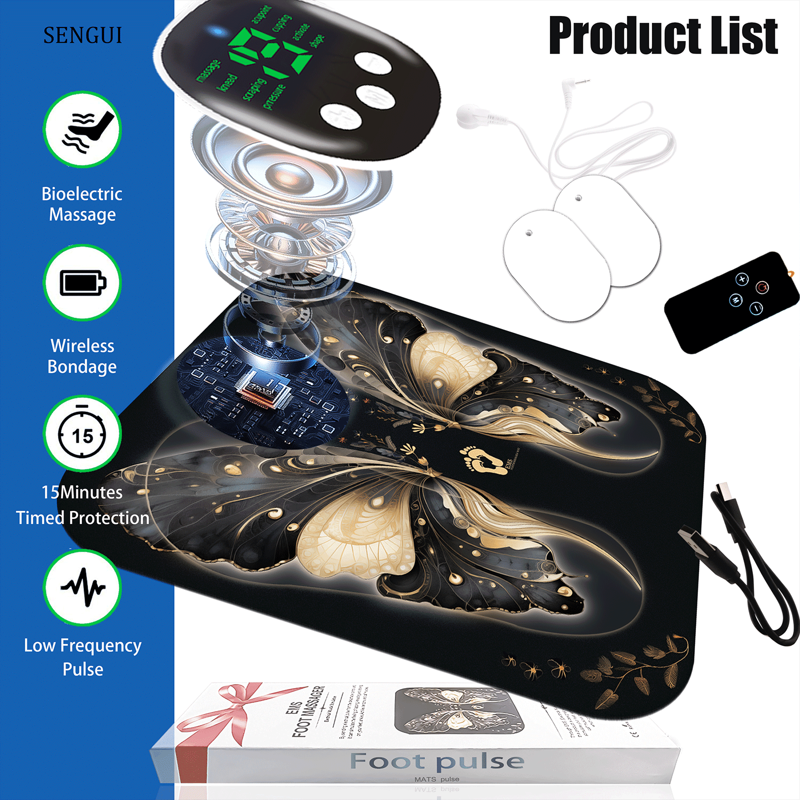 SENGUI EMS Foot Massager Nerve Mat 8 Mode 20 Level - Electronic Pulse Stimulator: Transcutaneous Electrical Nerve Stimulator Massage for Pain Relief & Circulation, with TENS and PMS Unit