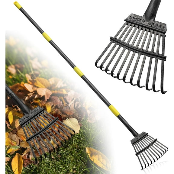 11-Tine Leaf Rake, 60-inch Heavy Duty Metal Garden Rake for Lawns & Yards – Small Rake Head