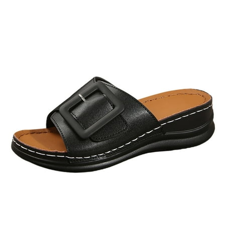 

QYZEU Neutral Sandals for Women Solid Color Sandals for Women Women s Summer Round Head Thick Bottom Belt Buckle Outer Wear Flat Sandal Girls Sandals Shoe Black