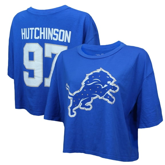 Women's Majestic Threads Aidan Hutchinson Blue Detroit Lions Swarovski Crystals Boxy Cropped Name & Number T-Shirt