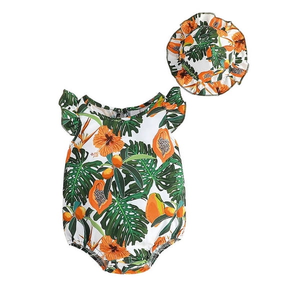 Inadays Baby Girls Clothes Tropical Plant Print Ruffles Romper with Hat Fly Sleeve Romper Floral Jumpsuit Infant Summer Clothes, 9-12M