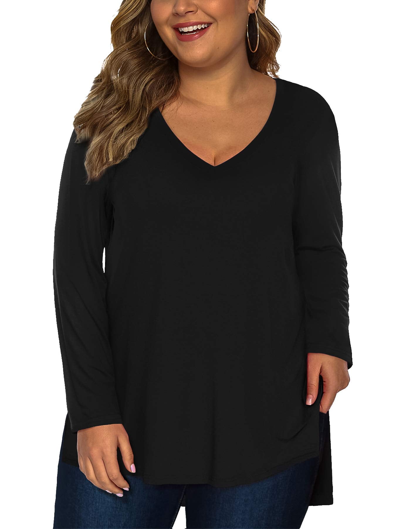 Amoretu Women Plus Size Tee Shirts Long Sleeve Top High Low Tunic(Black 1X)
