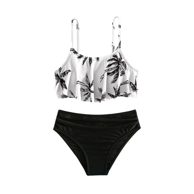 MIASHUI Girls Bathing Suits Two Piece Bikini With Ruffle Trim For Beach Vacation And Surf Black,7-8 Years