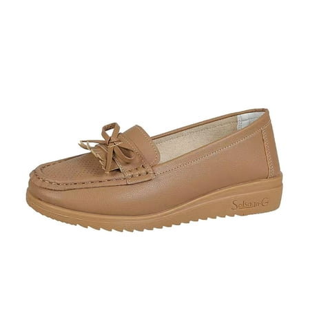 OJSFQUFP Womens Running Shoes Ladies Fashion Solid Color Breathable Leather Bow Decorated Flat Casual Single Shoes Womens Loafer Khaki 42