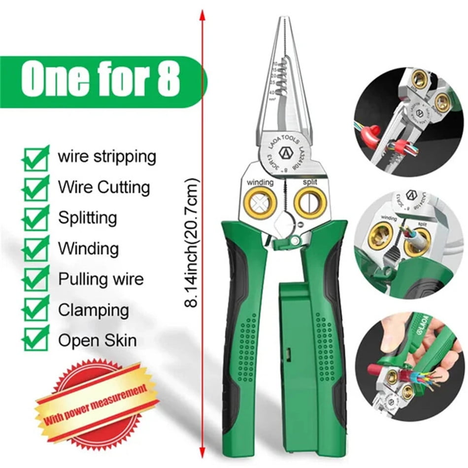 8 in1 Wire Stripper Twister for Cutting and Pulling Wires, Cable Scissors,Voltage Tester Pliers, 12V to 250V Live,Null,Hot Wire Judgment AC DC, Audible and Flashing LED Alarms