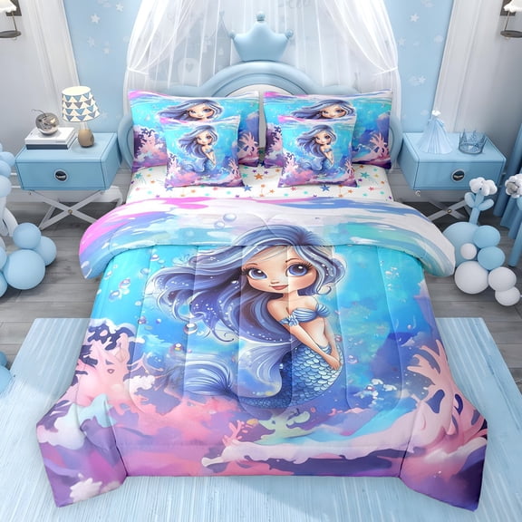 Feelyou Blue Mermaid Princess Twin Bedding Sets 7pcs, Tale Ocean Bedding Comforter Set