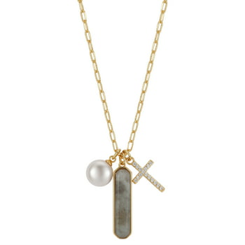 Believe by Brilliance 14kt Gold Flash-Plated Genuine Labradorite Stone and Crystal Cross Pendant Necklace, 18" + 2" Extender
