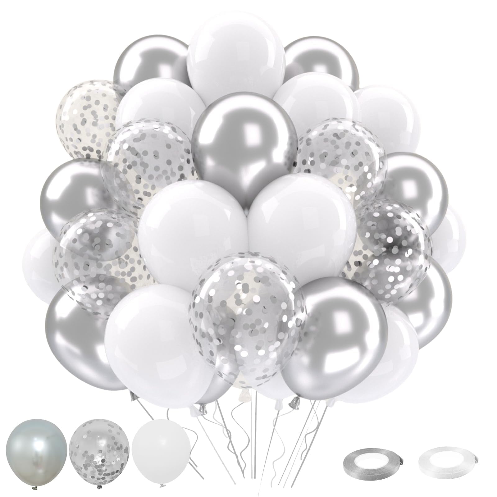 50 pcs 12 inch White and Silver Balloons Set, Metallic Silver Balloons for Birthday Wedding Anniversary Party Decorations
