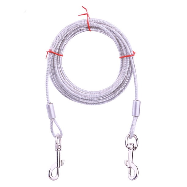 Cuerda de acero doble gancho antimordida para perros, cubierta de PVC resistente a la intemperie, ideal para sujetar a pilares o estacas, disponible en color blanco, longitud de 5m, diámetro de 5mm,