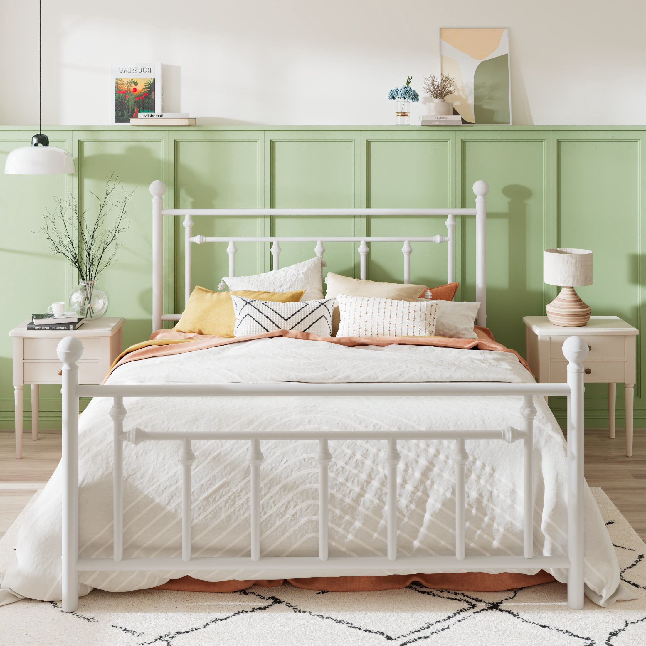 Sha Cerlin White Full Size Metal Platform Bed Frame with Victorian Vintage Headboard & Footboard, Adult
