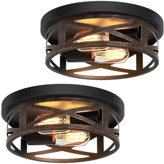 XPEHK 2 Pack 2-Light Bronze Flush Mount Ceiling Light, Farmhouse Crisscross Metal Cage Close to Ceiling Fixture for Entryway, Hallway, Bedroom