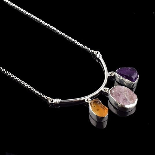 Three Stone Necklace Natural Real Citrine, Morganite, Amethyst Crystals Bezel Pendant, Raw Gemstone, Healing Gemstone, Birthday, Mothers Day Gift Jewelry, Occasion Wear, Gift for Her
