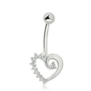 AVORA 10K White Gold Simulated Diamond CZ Curly Heart Belly Button Ring Body Jewelry (14 Gauge)