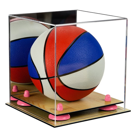 Acrylic Mini - Miniature (not Full Size) Basketball Display Case with Mirror, Pink Risers and Wood Base (A015-PNR)