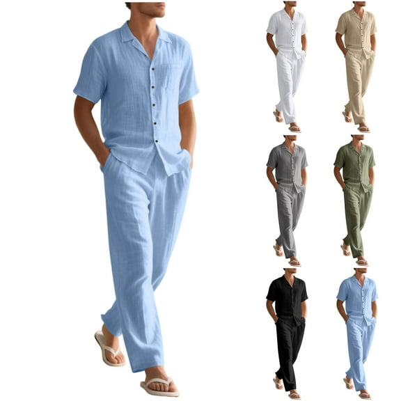 VBTAPA Men’s 2 Piece Summer Outfits Cotton Linen Lounge Sets Short Sleeve Button Down Shirt and Pants Set Army Green L