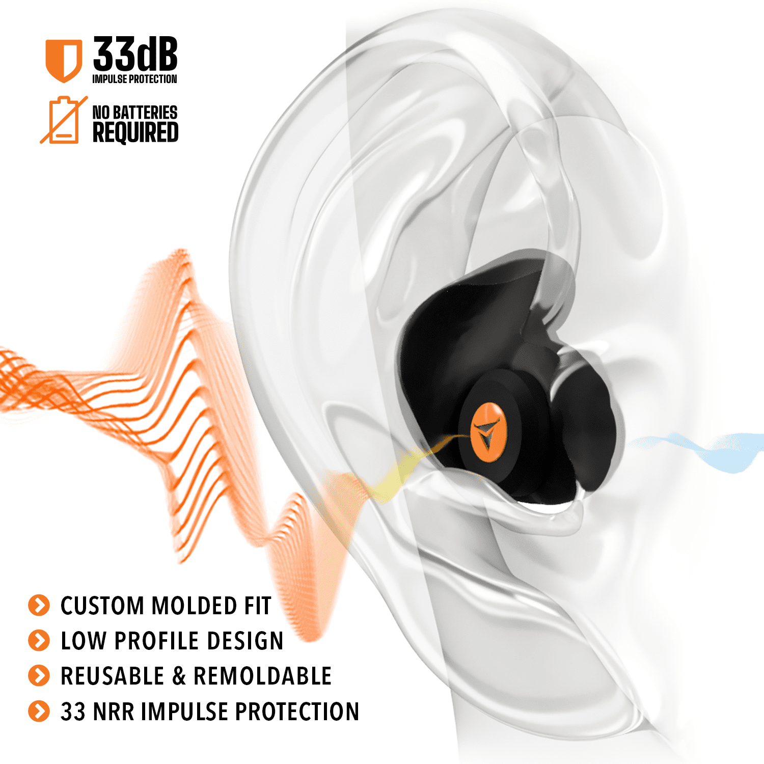 Decibullz Percussive Moldable Earplugs 33 dB NRR for Hunting & Shooting, Gun Range Hearing Protection for Shooters, Reusable Ear Plugs for Shooting Range, molding tool included, One Size
