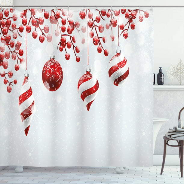 Icons Holly Berry Branches, Red And White Snowflake Shower Curtain