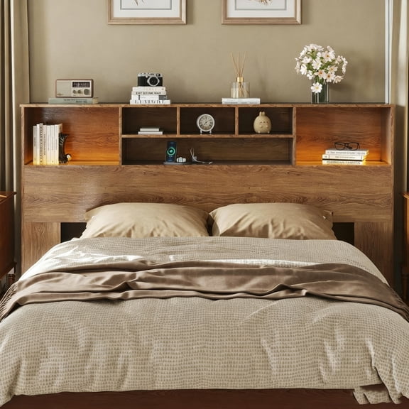 Apicizon King Size Headboard, Rustic Brown Bookcase Headboard with Built-in Charging Station, USB Ports and Dual Power Outlets for Bedroom