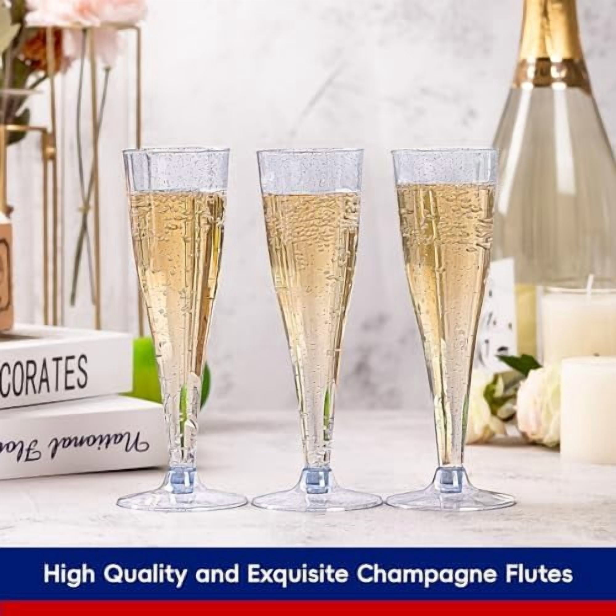 100 Pack Plastic Champagne Flutes Disposable 4.5 oz Blue Glitter Plastic Champagne Glasses Suitable for Wedding, Thanksgiving Day, Christmas