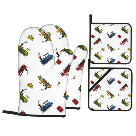 

Oven Mitts and Pot Holders Sets 4 pcs - colorful Train Pattern Heat Resistant Silicone Oven Gloves with Non-Slip Silicone Surface and hot pads for kitchen Baking Cooking BBQ