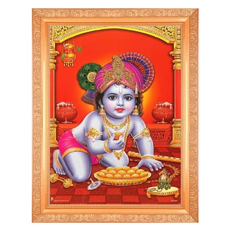 Bm Traders Vintage Design Bal Krishna Bhagwan Digital Print Photo In ArtWork Golden Frame (11 x 14 Inch)OR(27.94 X 35.56 Cm) Religious Gifting