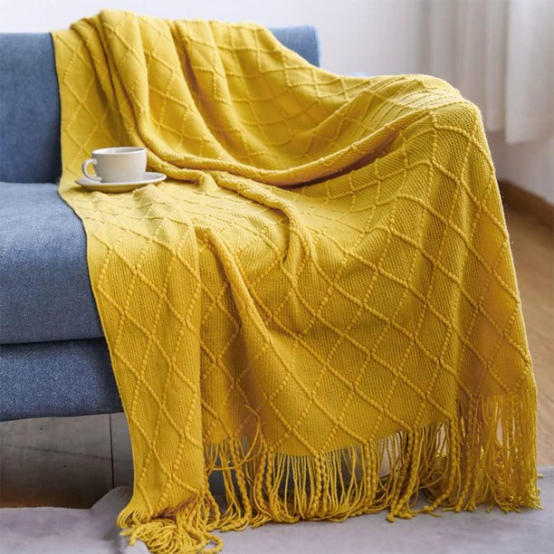 Zhuge Manta de punto súper suave para sofá, ligera, de tejido delicado para viajes, para cama, sofá y sala de estar, color amarillo