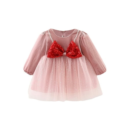 

Mieeyali Baby Girl Dress Long Sleeve Crew Neck Sequined Bowknot Tulle Patchwork Dress for Daily Party