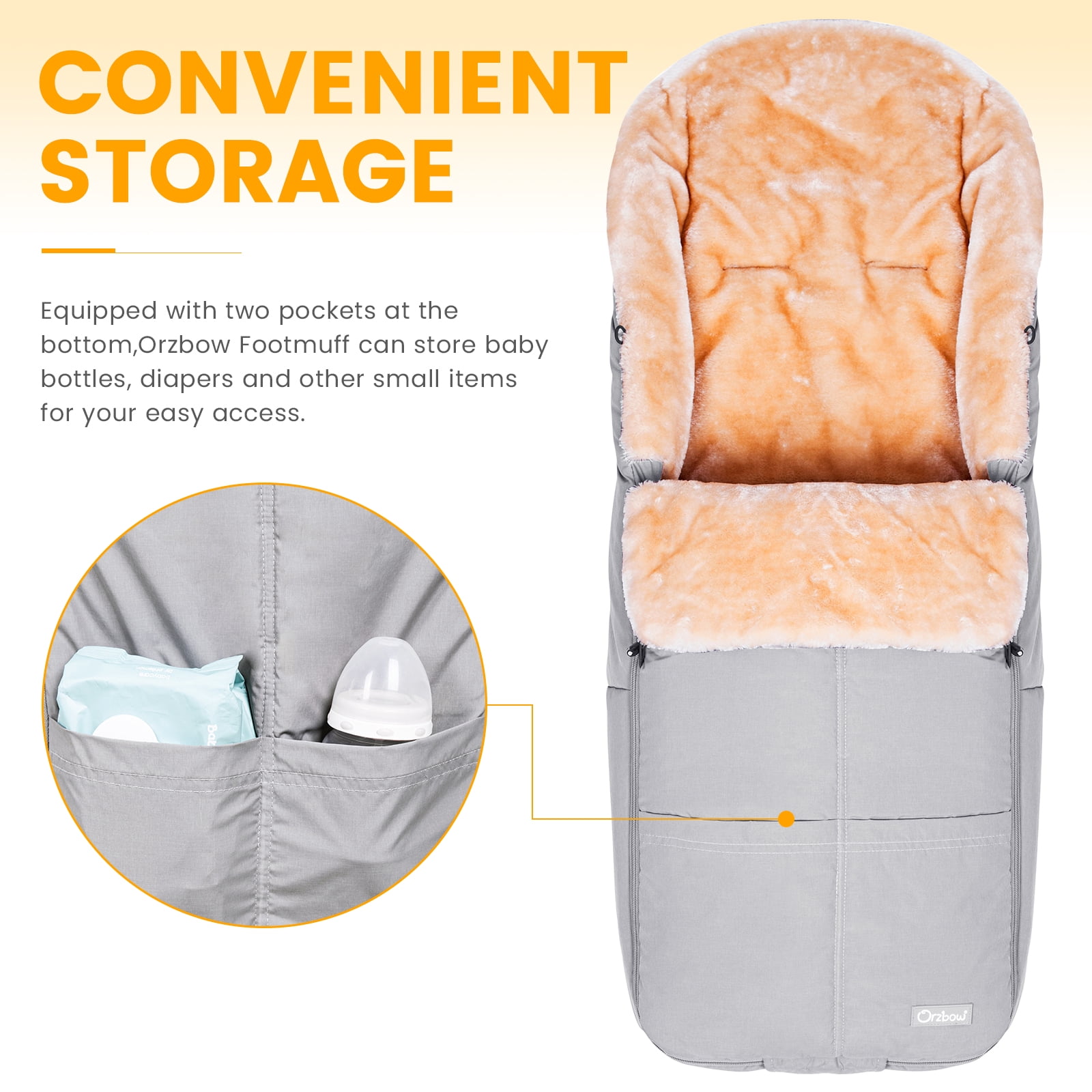 Orzbow Wool Warm Bunting Bag Universal,Suitable below 6 ℃,For Alaska,Stroller Sleeping Bag Cold Weather,Waterproof Toddler Footmuff, Light Grey