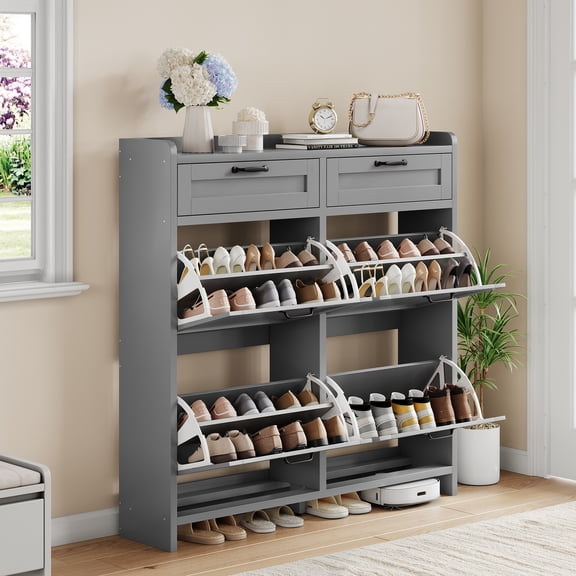 Home Shoe Storage Cabinet With 4 Flip Drawers, Freestanding Hidden Shoe Organizer with Adjustable Shelves, Wooden Shoe Rack Cabinet For Living Room
