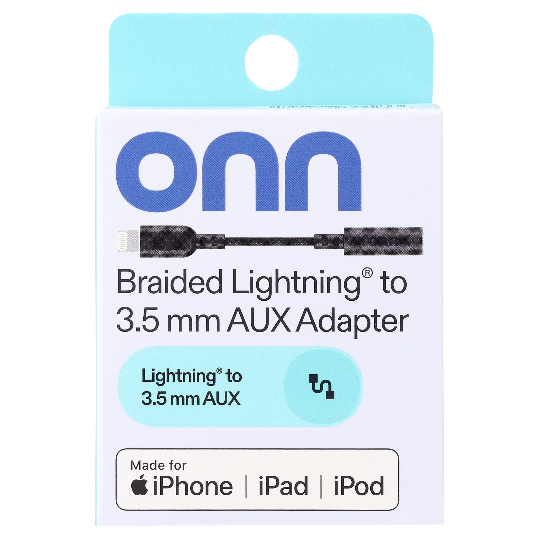 onn Braided Lightning to 3.5mm Aux Adapter, Black