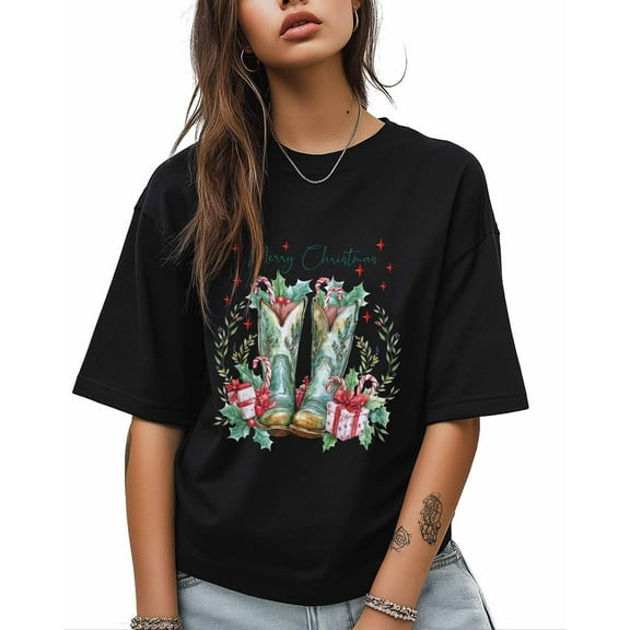 T Shirts for Women Short Sleeve Cotton Crewneck T-Shirt, Merry Christmas Western Boots Leaves Tee Tops Casual Basic T-Shirts, XS-5XL Black S